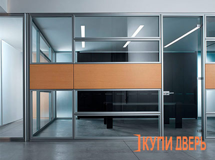 Раздвижная дверная стеклянная система для офиса с деревянной вставкой
